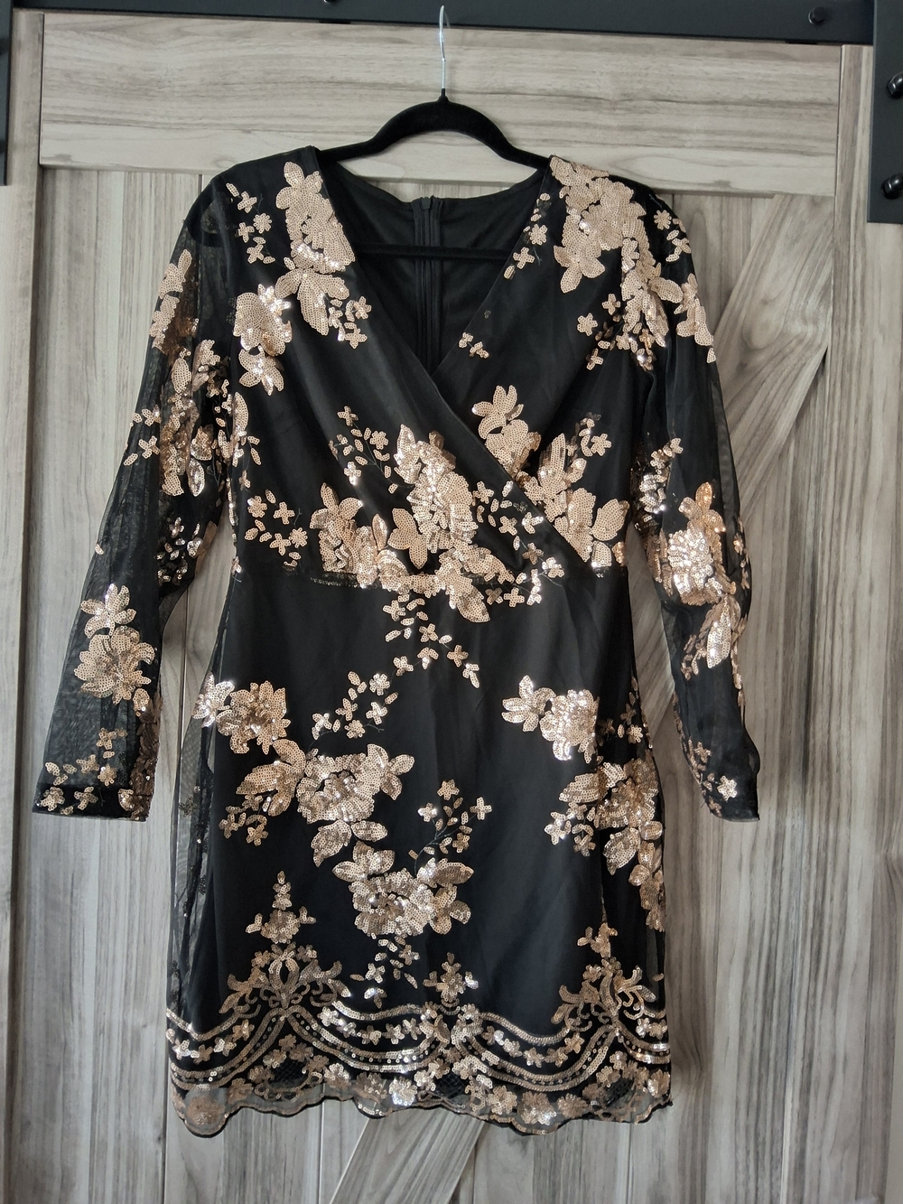 Black Long-Sleeve Dress with Rose Gold Sequin Floral Embroidery